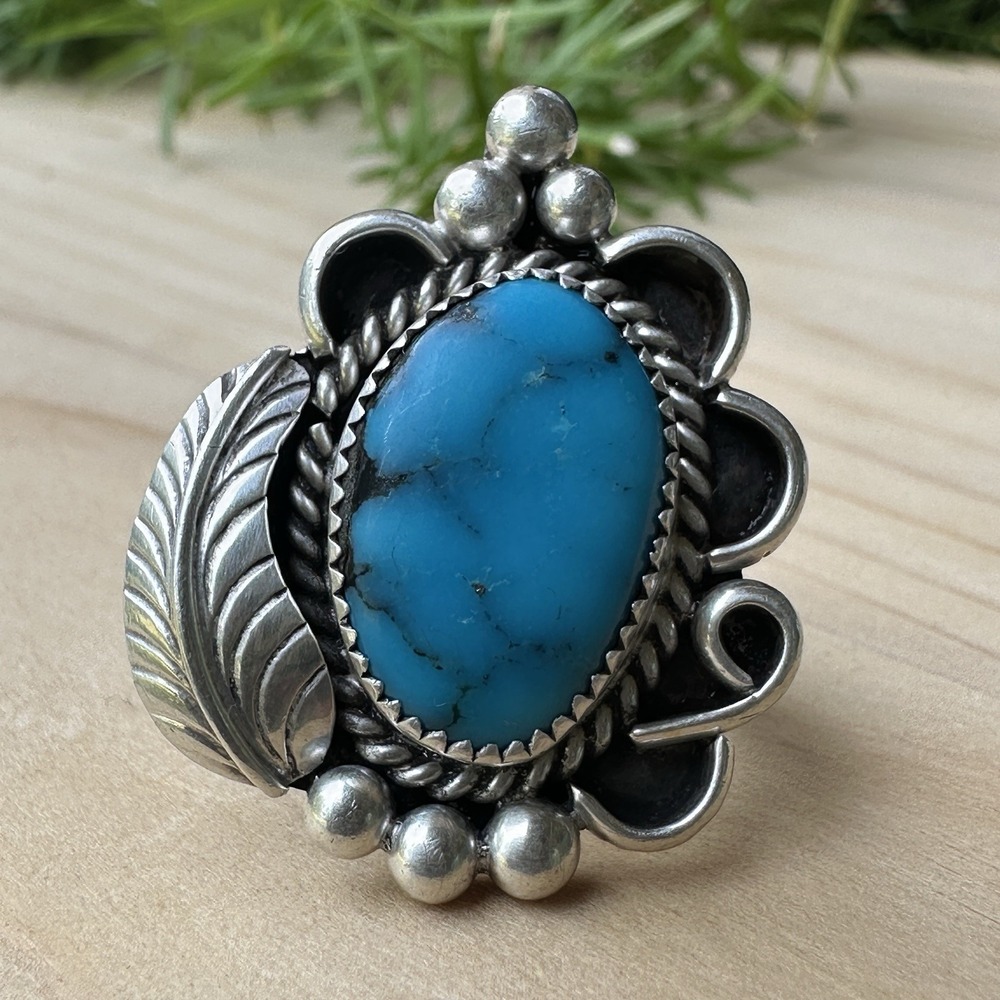 VTG Navajo Ring Size 6 Blue Sleeping Beauty Turquoise‎ Signed GH Sterling 9.2g